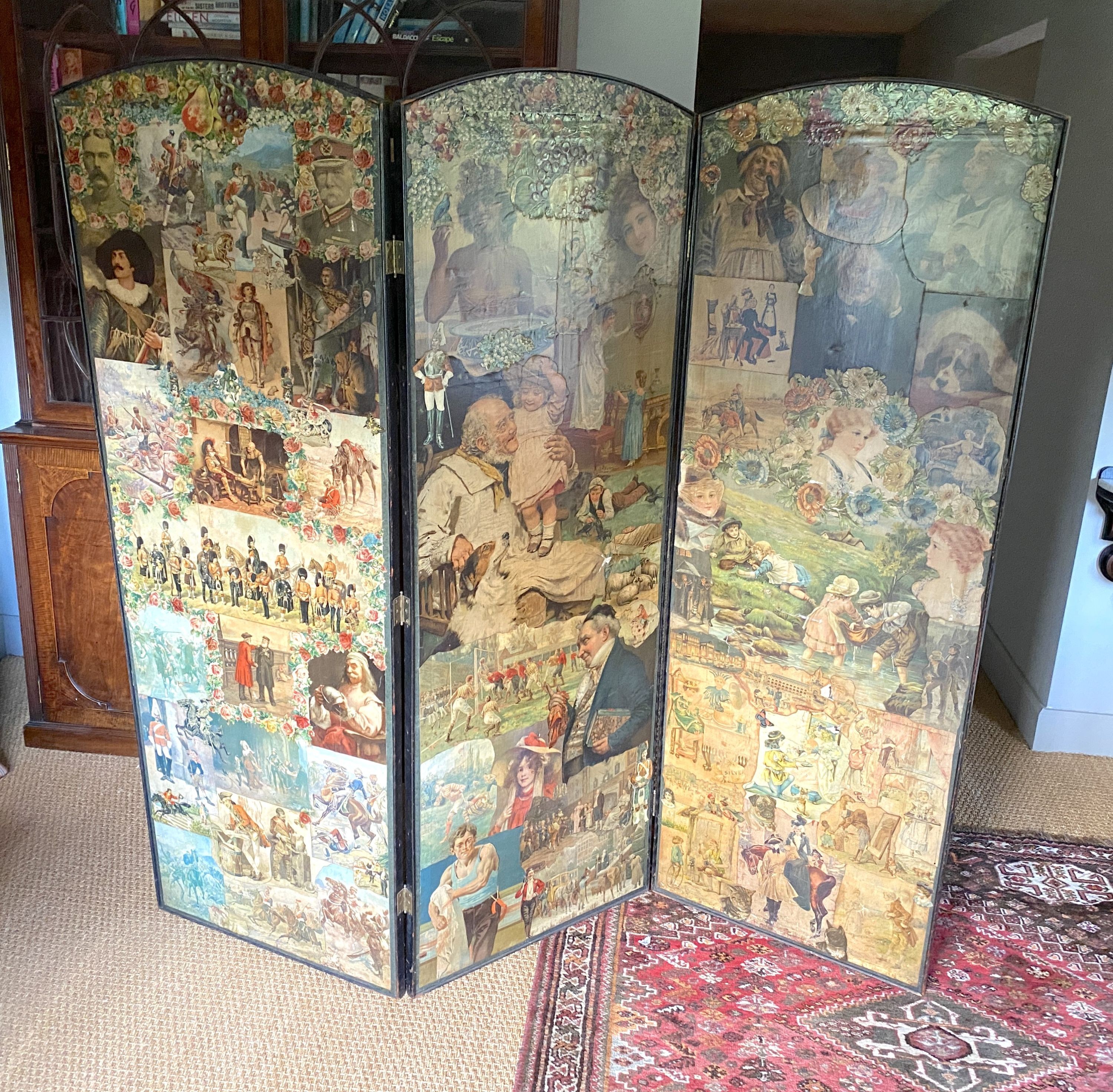 A Victorian double signed three fold scrap screen, mostly decorated with figures, width 63cm height 176cm